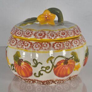 Temptations by Tara Old World Pumpkin Patch Pattern Ceramic Pumpkin Bowl w Lid